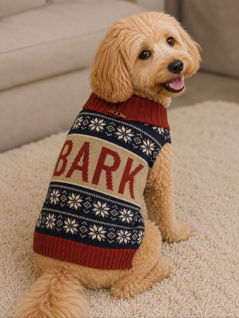 Vibrant Life "Bark" Dog Sweater Size Medium M Red Blue Grey Argyle Holiday EUC